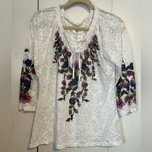Charter Club Petite Medium Peasant Top Blouse White Burnout Floral Purple Green
